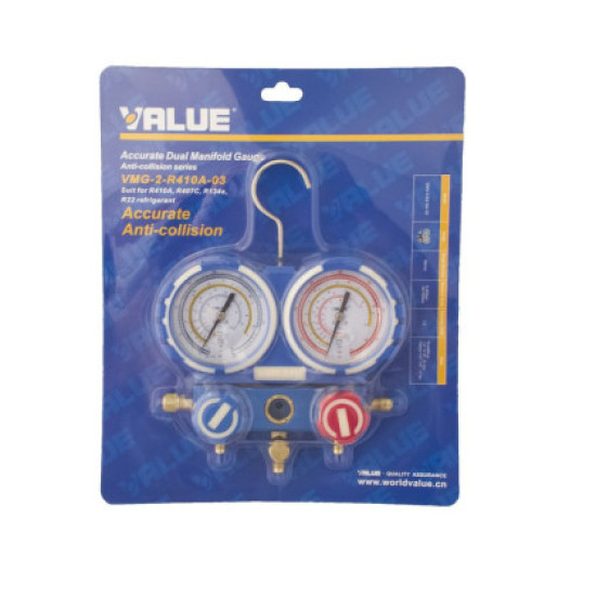 Manometar sa crevima VALUE VMG-2-R410 za freone R410A, R407C, R404A, R134a – profesionalna oprema